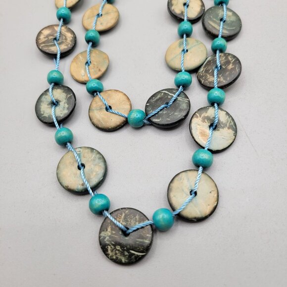 Coconut Disk Beaded Necklace Boho Style Handmade 56 Inch - Picture 4 of 6